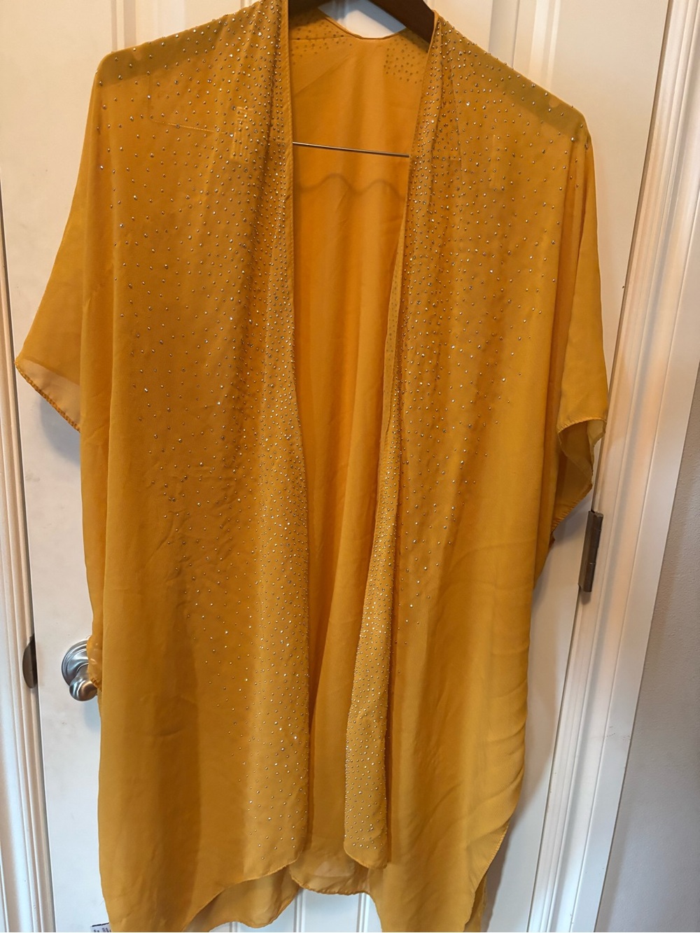 Elegant Women's Mustard Open-Front Kimono with Embellished Trim